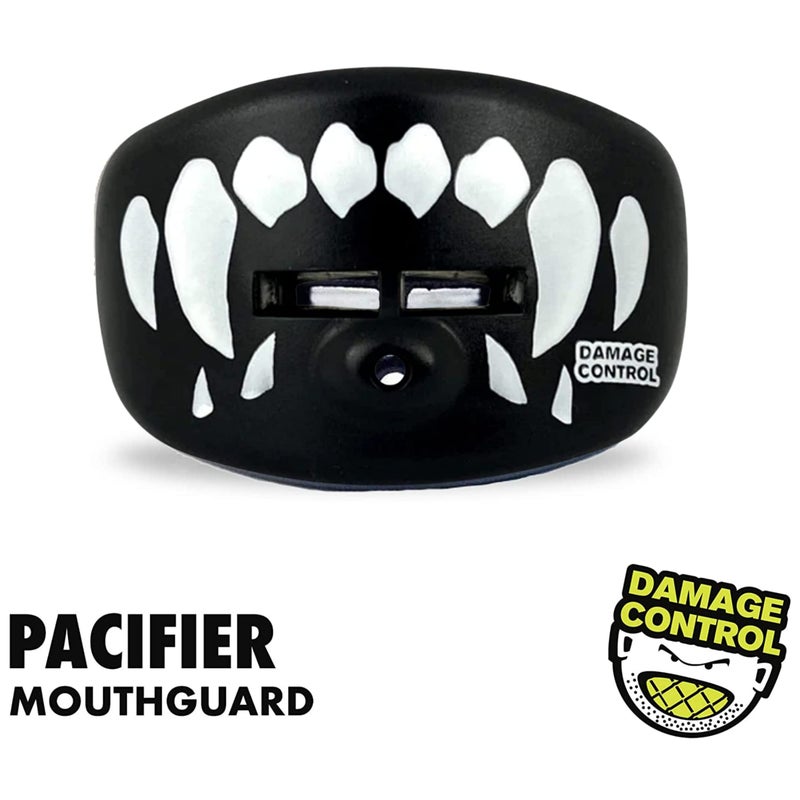 DAMAGE CONTROL دفاع الأضرار مصاصة فم - واقي فم كرة القدم مع حزام خوذة، يحمي الأسنان والفك والفم - قطعة فم للرياضات، لا تحتاج إلى غلي، تسمح بتدفق الهواء - معدات للبالغين والشباب (أنياب)  - Image 3